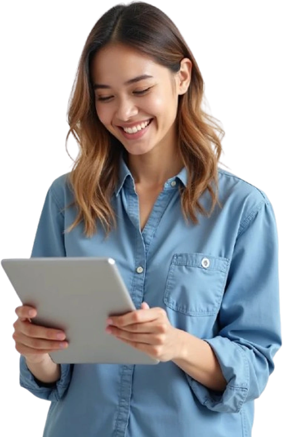 Wanita tersenyum berkemeja denim biru sedang membaca di tablet.